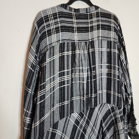 Lane Bryant Gold Metallic Black Grey Plaid Popover Button Shirt Peplum Back 3X - Picture 10 of 16